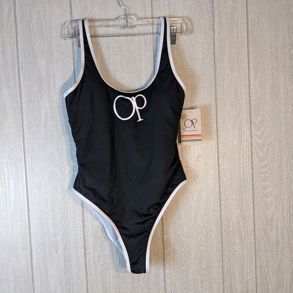 OP Ocean Pacific Scoop Neck One Piece Classic Swim Suit Black White SZ L NWT - Picture 4 of 8